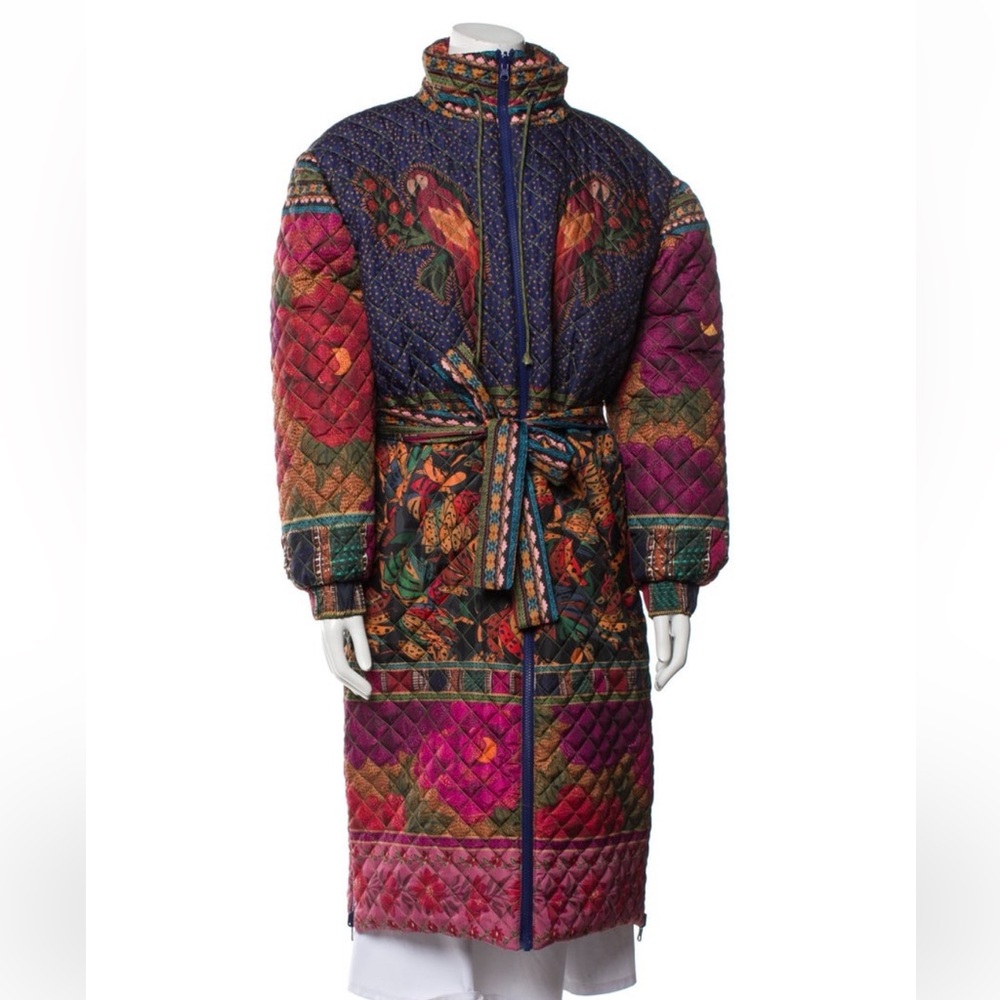 Farm Rio quilted trench coat with toucan design